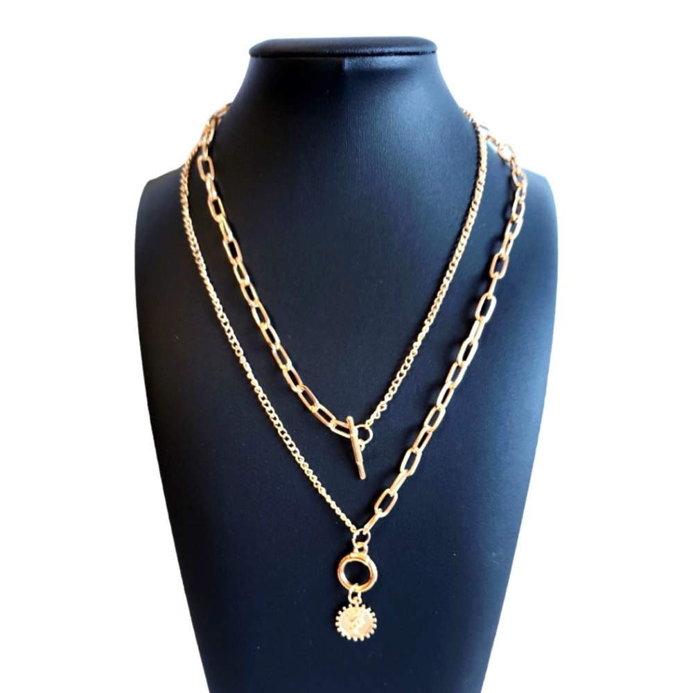 Gold Tone Double Layer Pendant Necklace